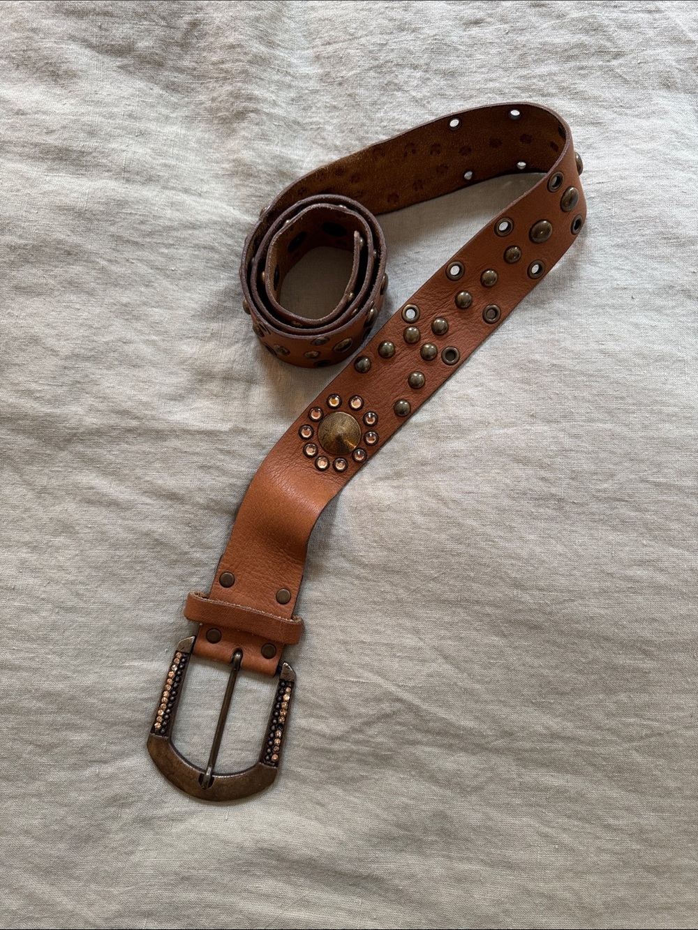 Tan Studded Leather Belt with Antique Buckle